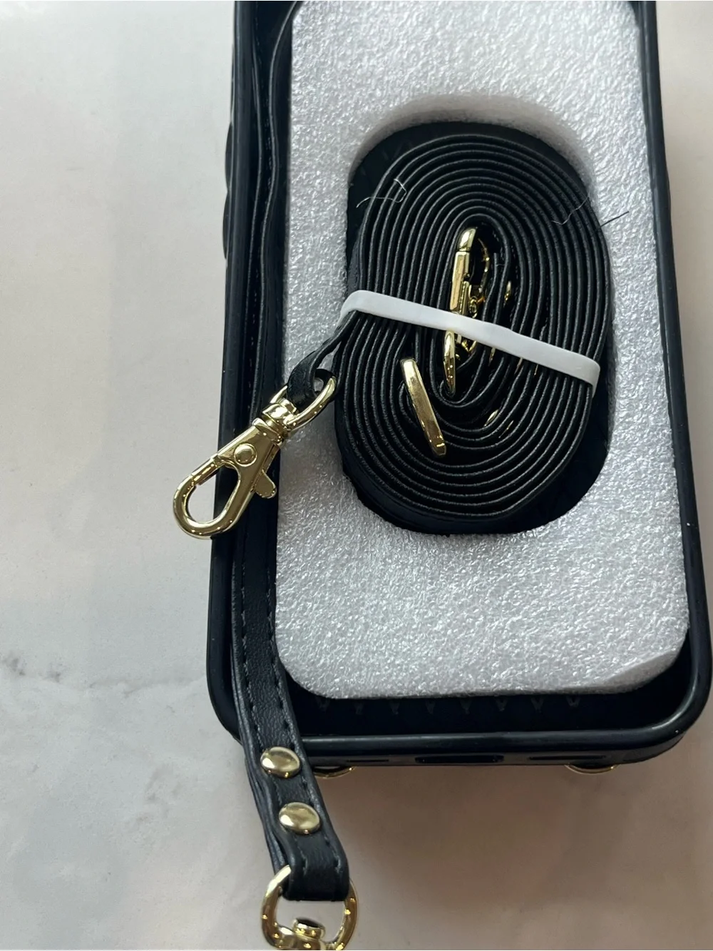 Black Phone Wallet Case with Gold Hardware and Ring Holder